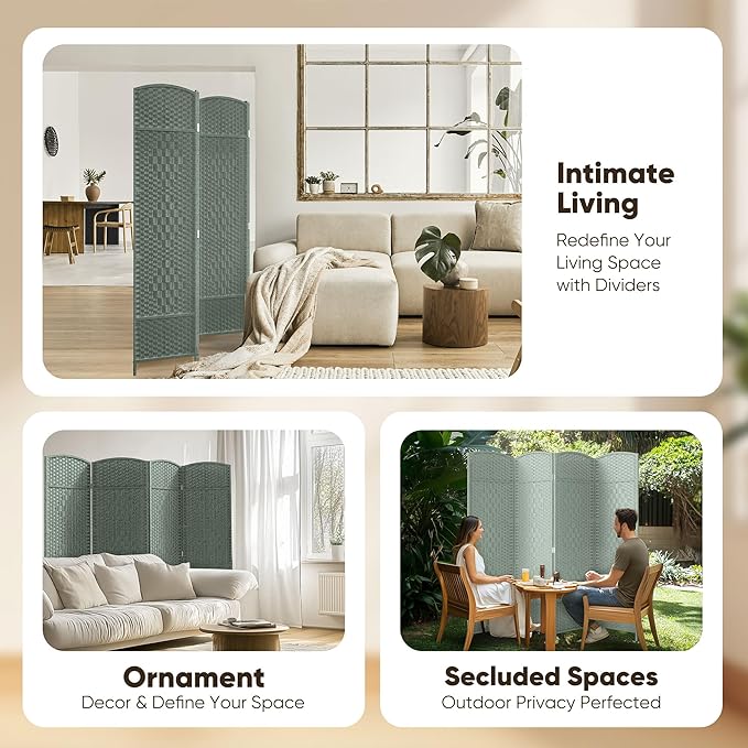 JOSTYLE Folding Privacy Room Divider, 4 Panel Screen Divider 6 ft. Tall Freestanding Extra Wide Rattan Room Partition Wall Separation Dividers, Grey
