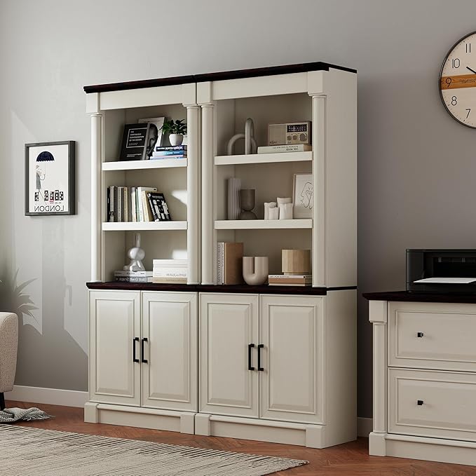 72" Roman Column Bookcase with Double Door Cabinet, 5 Tiers Tall Bookshelf Shelves Storage and Anti Tip Kit, Classic American European Modern Multi Style Design for Living Room Study Office, White