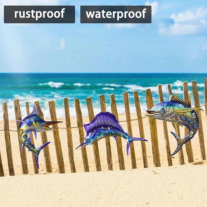 Metal Fish Wall Art Decor, 3-Piece Marlin Tuna Swordfish Set, Blue and Gold Tropical Ocean Theme Outdoor Wall Christmas Decor for Patio Garden Yard, Decorative Hanging Sculptures Christmas Decoration Gift