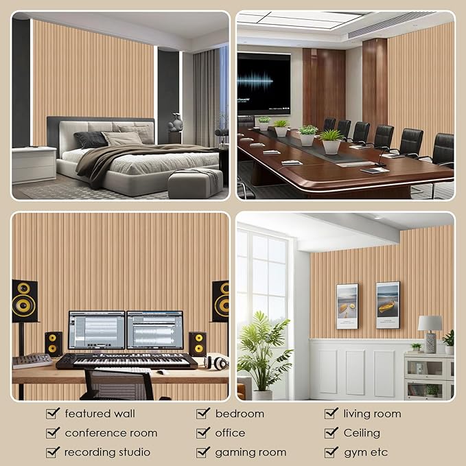 16-Pack 3D Soundproof Slat Wall Panels, Modern Faux Wood Wall Cladding for Living Room, Bedroom, Office, Interior Décor, Oak Finish, 48.2" x 6.3"