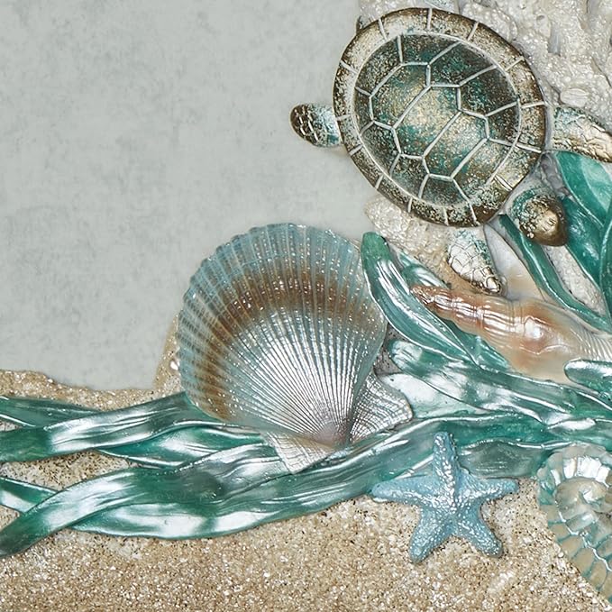 Coastal Seahorse and Sea Turtle Wall Art Plaque | Handpainted Pearlescent Metallic Ivory, Cool Blue, & Green Hues | Ocean Sealife, Coral Reef, and Seashells on Textured Sand Decorative Wall Sculpture