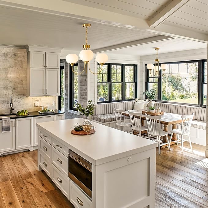 Modern Globe Chandelier 3 Light Mid Century White Milk Glass Vintage Sputnik Chandeliers Gold Pendant Light Fixtures for Dining Room Kitchen Living Room Bedroom