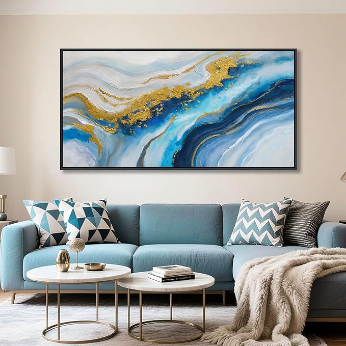 Blue Modern Gold Wall Art for Living Room - Abstract Canvas Wall Art, Office Wall Decor, Above Bed Wall Decor, Large Pictures for Bedroom Framed Artwork for Walls 24×48IN