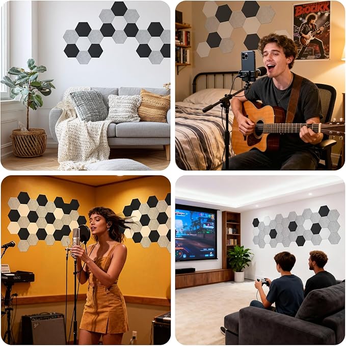 24 Pack Hexagon Acoustic Panels, 12"X10"X 0.4"Black, White and Gray Hexagon Self Adhesive Soundproof Wall Panels, High-Density Sound Absorbing Panels, Acoustic Treatment Panels