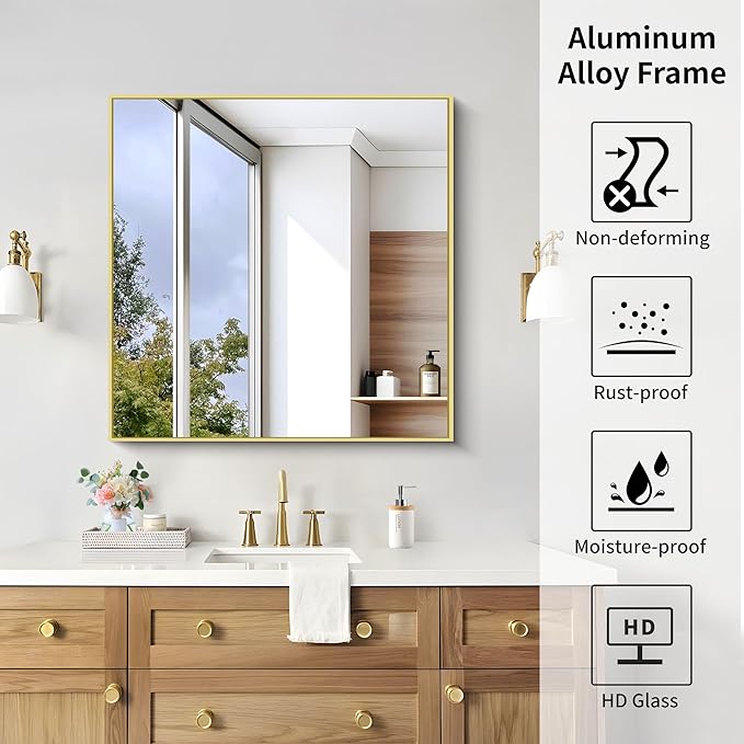 KOCUUY Gold Bathroom Mirror, 30x30 Inch Square Gold Mirror with Aluminum Metal Frame,Gold Vanity Wall Mirror Modern Home Decor for Bathroom, Living Room, Farmhouse and Entryway