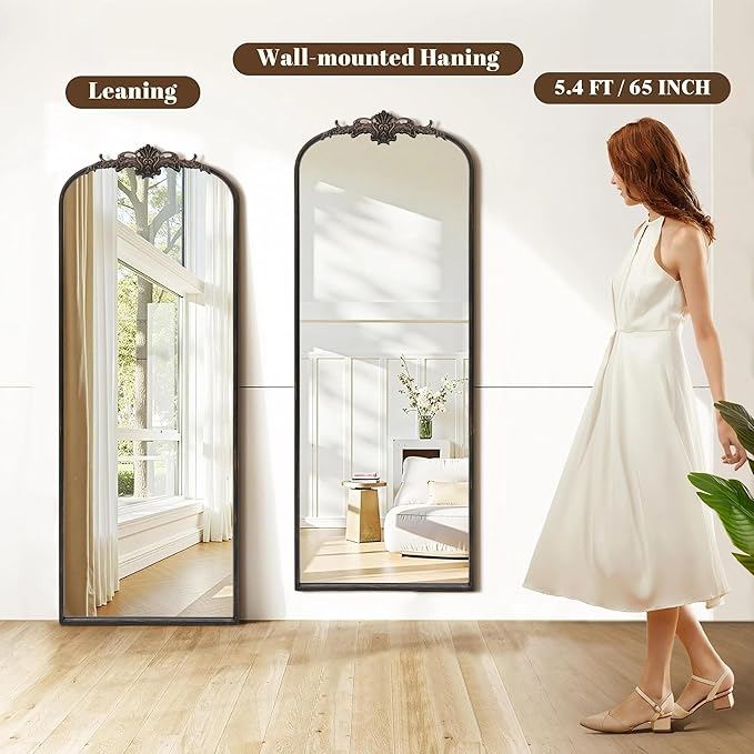 Arched Mirror Full Length: 21"x56" Black Vintage Full Body Mirror - Floor Antique Baroque Traditional Ornate for Entryway/Cloakroom/Bedroom/Living Room - Home Decor for Homemakers