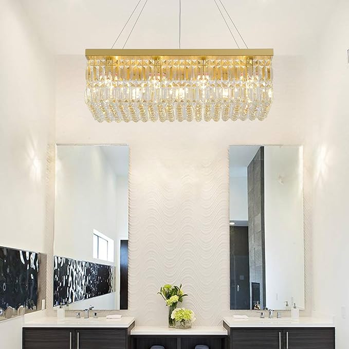 Luxury Gold Rectangular Crystal Chandelier 12-Light, 31.5" Modern K9 Raindrop Chandelier with Adjustable Chain, Dimmable Ceiling Light Fixture for Dining Room, Kitchen Island, Entryway 31.5"L x 10"W