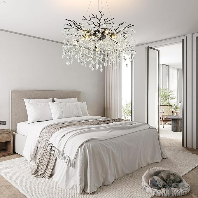 Modern Tree Branch Black Crystal Chandelier,Contemporary 10-Light Pendant Lighting with K9 Clear Crystal 31.5" Luxury Farmhouse Chandeliers for Church Living Room Kitchen Bedroom