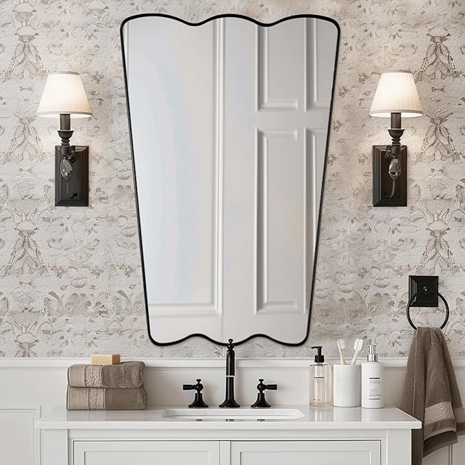 ANDY STAR Scalloped Mirror for Bathroom, 24x36 Inch Matte Black Butterfly Mirror for Living Room,Fireplace, Rustproof Stainless Steel Metal Frame, Hang Vertical or Horizontal