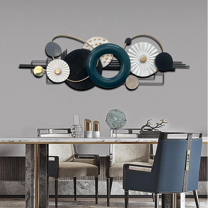 Modern Abstract Metal Wall Art, Large 59x 21 Inches Wall Sculptures, Geometric Circles Design Wall Decor, Blue Black White, Wall Decors for Living Room Bathroom Bedroom Dining Room