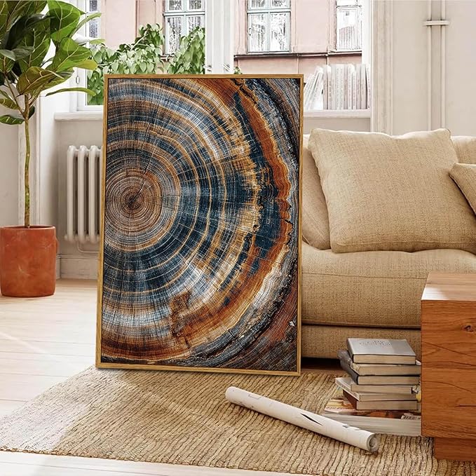 BingruiArt Large Framed Tree Ring Wall Art Wood Canvas Colorful Boho Wall Decor Rustic Artwork Abstract Painting Farmhouse Picture Nature Print for Living Room Bedroom Bathroom 24"x36" Natural Framed(04)