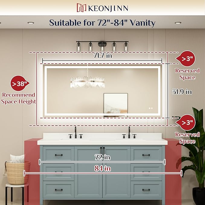 Keonjinn LED Bathroom Mirror 72" x 32" with Frontlit & Backlit, Lighted Mirror for Bathroom Wall with Dimmable 3-Color Lights, Large Anti-Fog Mirror, HD Tempered Glass, UL-Listed LED Driver