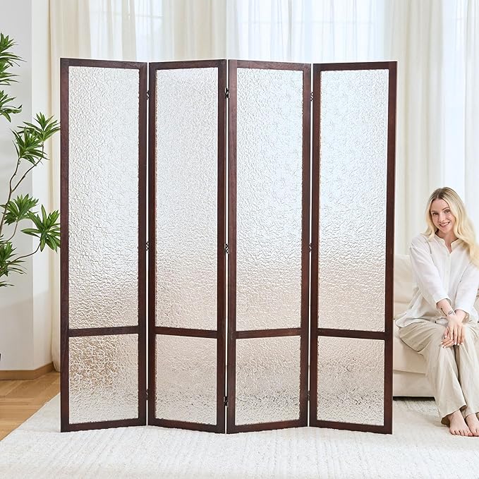 4 Panel Acrylic Room Divider Privacy Screen - Freestanding Frosted Translucent Partition, Lightweight Modern for Home Office Studio (Walnut, 4 Panels)