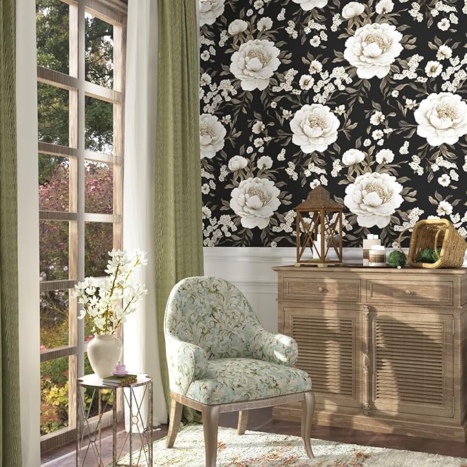 Boho Wallpaper Peel and Stick Dark Floral Wallpaper for Cabinet 17.5in x393in Vintage Contact Paper Waterproof Self Adhesive Modern Flowers Leaf Wall Paper for Room Walls Bathroom Decor