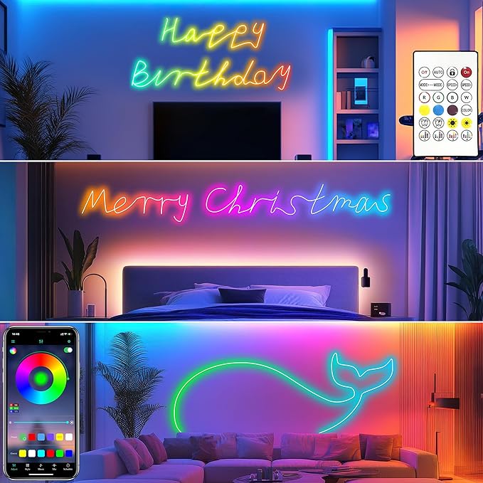 Cozylady 20Ft RGB LED Neon Rope Lights for Bedroom, 7.5m LED Strip Lamp with Double Sided Adhesive Tape, App/Remote Control Waterproof DIY Lights Decorate The Outdoor and Indoor of Your Home.