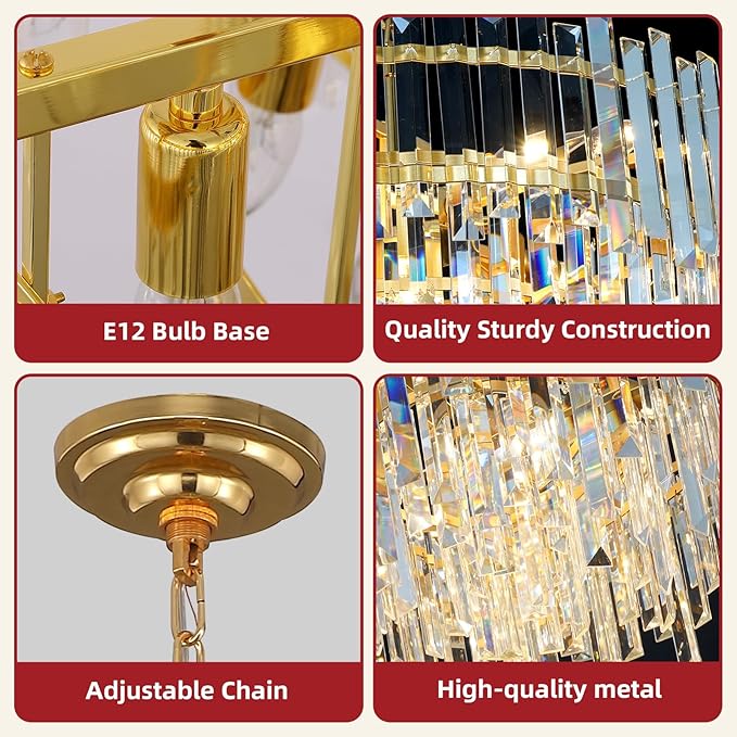 24" Modern Crystal Chandelier, 3-Tier Gold Pendant Light with 8 Lights, Luxury K9 Crystal Ceiling Fixture for Dining Room Living Room Foyer