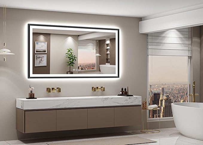 66x36 Black Framed Led Bathroom Mirror with Lights, Front Lit and Backlit, Lighted Vanity Mirror for Bathroom Wall, Anti-Fog, Dimmable, 3 Colors, Memory, HD Tempered Glass