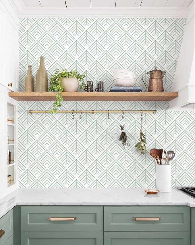 Heroad Peel and Stick Wallpaper Boho Sage Green Wallpaper Geometric Wall Paper Peel and Stick Modern Contact Paper Removable for Bedroom Bathroom Cabinets Decor Vinyl Waterproof 17.3"x197"
