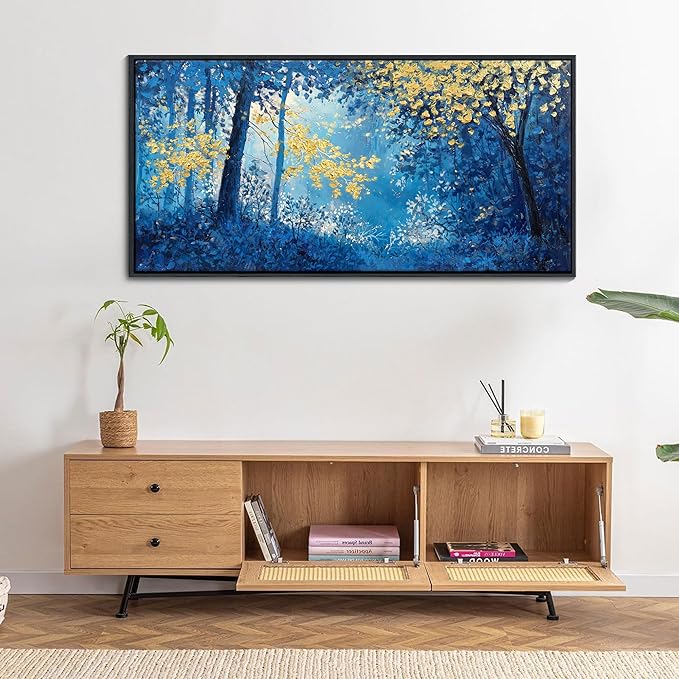 Blue and Gold Canvas Wall Art - Forest Bedroom Wall Art - Tree Wall Pictures for Living Room, Office, or Bedroom - Nature Landscape Canvas Decor Framed Painting 24×48IN