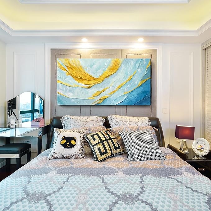 Nicetop Extra Large Abstract Canvas Wall Art for Living Room – Oversized Blue and Yellow Art Print Modern Horizontal Contemporary Artwork Coastal Wall Picture Bedroom Home Office Decor 58x29 Inch