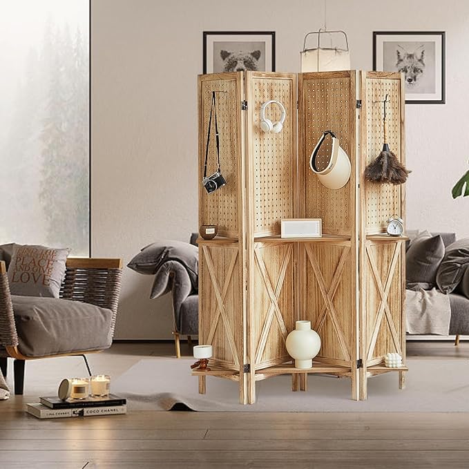 4 Panel Pegboard Room Divider with Shelves, Wood Room Divider and Folding Privacy Screen, Peg Board Display Stand Wall Divider for Room Separation for Craft Shows Events Retail, Natural