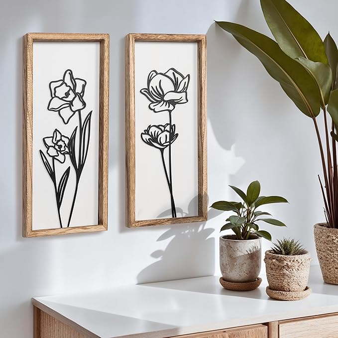 3D Black and White Wall Art (Set of 2) Lightweight, Wooden Ready-to-Hang Framed Floral Wall Art for Bathroom, Bedroom, Living Room or Office – Boho Botanical Farmhouse Decor – Gift-Boxed