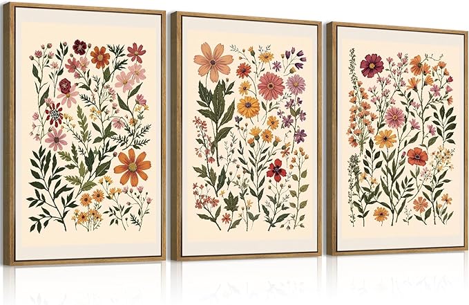 BINCUE Neutral Framed Wildflower Wall Art Set of 3 Colorful Floral Wall Decor Vintage Flower Art Prints Set of 3 for Living Room Bedroom Bathroom 16x24 Inches