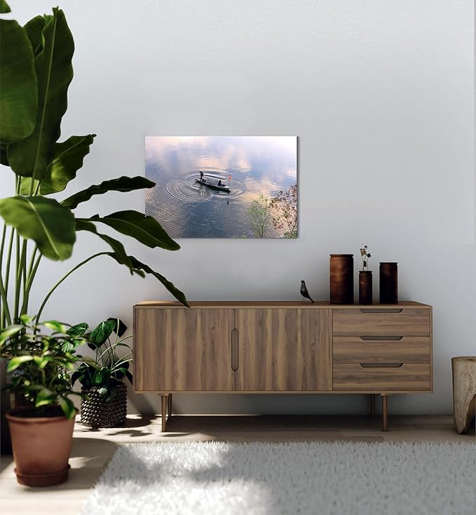 Oriental Beauty: Stunning Feng Shui Landscape Wall Art Prints for Home Decor in 3 Sizes (Silent Waters: Traditional Boatman at Dawn, 20" x 30")