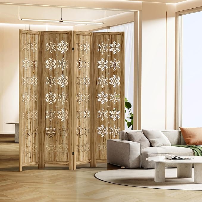 Casaphoria 4 Panels Room Divider, Folding Screen Room Divider with Snowflake Pattern for Home Office, Restaurant and Bedroom, Paulownia Wood, 66" W x 67" H (Natural)