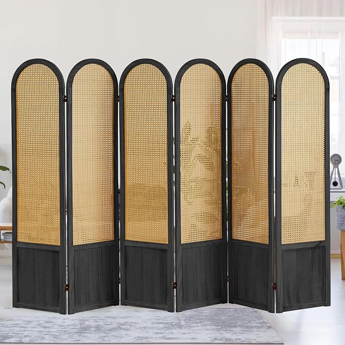 6 Panel Room Dividers and Folding Privacy Screens, Hand-Made Rattan Room Divider with Bi-Directional Hinge, Pre-Assembled Wood Room Divider Wall for Home Office Bedroom, Black
