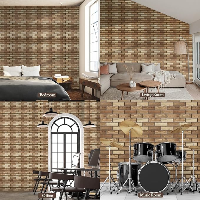 12Pack Acoustic Panels, Self-Adhesive 3D Brick Pattern Sound Proof Panels for Walls, Decorative Sound Dampening Wall Panels for Recording Studios, Offices, Home, 12"×12"×0.4", Faux Wood Grain Print