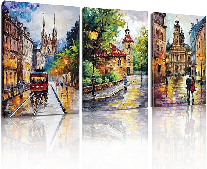 Kewhush European Town Canvas Wall Art, Colorful City Street Canvas Prints, Europe City Wall Art, Set of 3 Abstract Poster, Landscape Artwork, Romantic Decor for Living Room (16" x 24" x 3 pcs)
