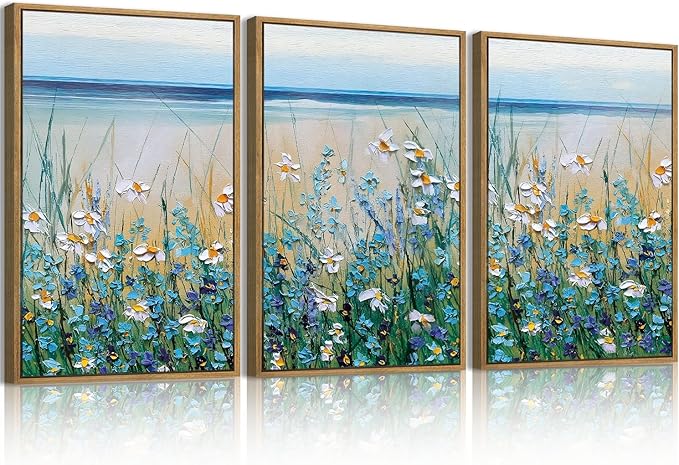 Blue Seaside Cyan Floral Wall Decor Wildflower Canvas Painting Framed Floral Prints Decor for Living Room Bedroom 16x24 Inch Set of 3