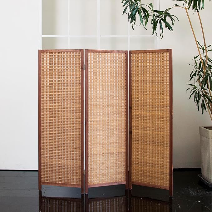 3 Panel Short Room Divider Folding Screen,47 inch Bamboo Panel Divider for Home Partition,Brown