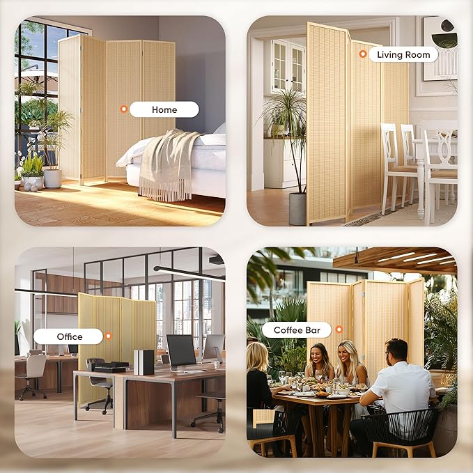 JOSTYLE Room Divider 4 Panel Folding Privacy Screen, Bamboo Room Divider Screen - 6 ft. Tall Wall Divider for Room Separation Freestanding Partition Separators, Beige