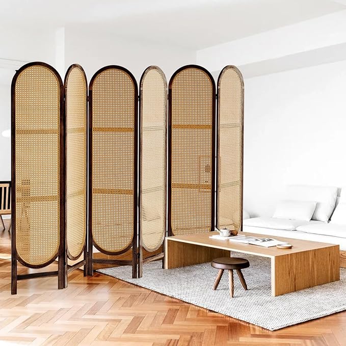 6 Panels Room Dividers and Hand-Woven Rattan Room Divider Wall, Wood Room Divider Folding Privacy Screens for Home Office Bedroom, Brown