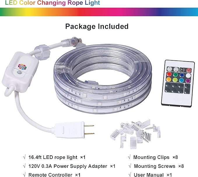 16.4 Feet Flat Flexible LED Rope Lights, Color Changing RGB Strip Light with Remote Control, 8 Colors Multiple Modes, Plug in Novelty Lighting, Connectable and Waterproof for Home Kitchen Outdoor Use…
