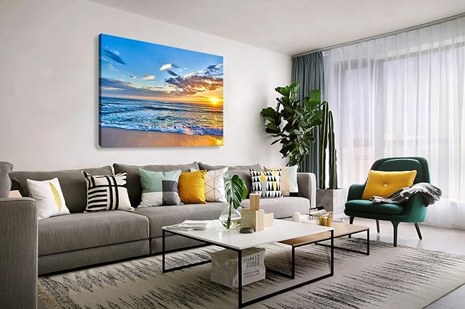 Aibonnly Wall Art Canvas Painting Seaside Sunset over the beaches 1 Piece blue sea view Ocean Picture Poster Print Framed and Stretched Ready to Hang for Living Room Bedroom Kitchen Office