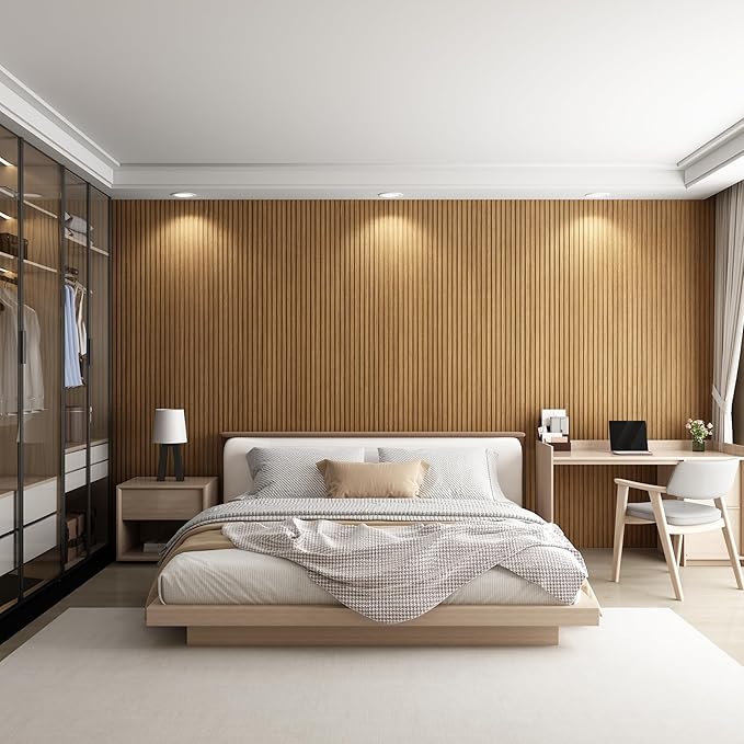 8-Pack WPC Wall Panels 108’’ x 6.3’’ 3D Slat Wall Panel Acoustic Wall Paneling for Interior Wall Decor TV Background Kitchen Bedroom Oak