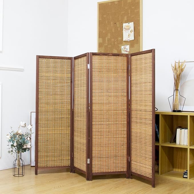 4 Panel Short Panel Divider Screen,3.95 FT Tall Bamboo Room Divider Folding Privacy Screen,Short Panel Divider Freestanding Room Divider for Room Seperation,Brown