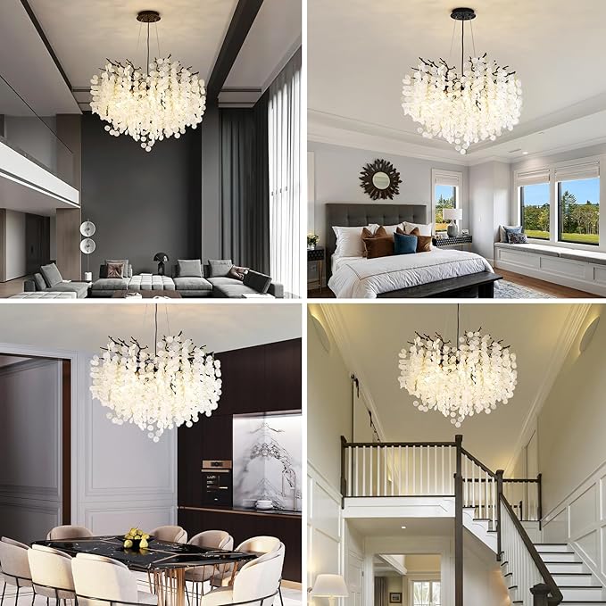 24-Inch Black Tree Branch Chandelier, 8-Light Modern Coastal Chandelier, Round Crystal Dining Room Light Fixtures for Foyer Entryway Stairwell, Bathroom Chandeliers Over Tub, E12