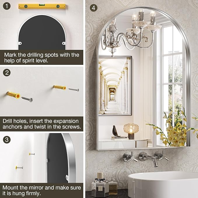 Brightify Arched Wall Mirror - 22 x 30 Inch Metal Frame Silver Arch Top Vanity Mirror for Bathroom, Living Room, Bedroom Mantel Entryway Hallways