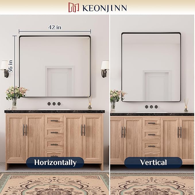 Keonjinn Black Bathroom Mirror for Over Sink, 42 x 36 Inch Large Rounded Rectangle Bathroom Vanity Mirror, Matte Black Farmhouse Wall Mirror, HD Tempered Glass, Seamless Aluminum Alloy Frame Mirror