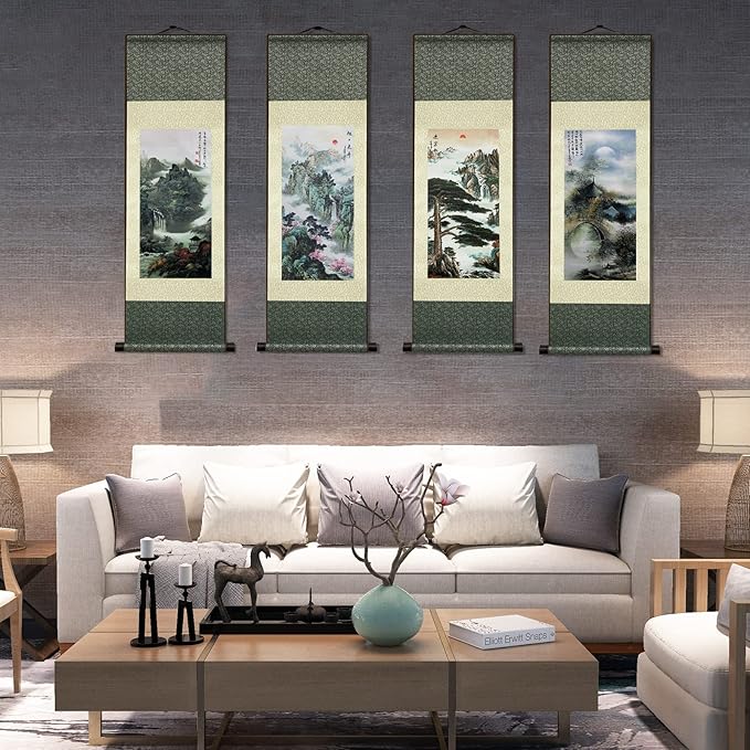 AtfArt 4 Pack Asian Wall Decor Silk Scroll Wall Art - Waterfall River Landscape - Beautiful Oriental Decor - Chinese Art Wall Scroll Hanging (4 Pack)