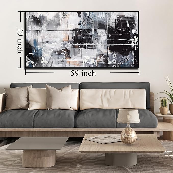 Large Abstract Canvas Wall Art - Black and White Pictures Wall Art for living room Large Size Ready to Hang Size 29" x 59"
