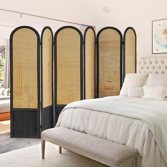 6 Panel Rattan Room Divier, Room Divider Panel and Folding Privacy Screens, Room Divider Wall, Solid Wood Frame, Partition Room Dividers, Bedroom, Lounge, Black