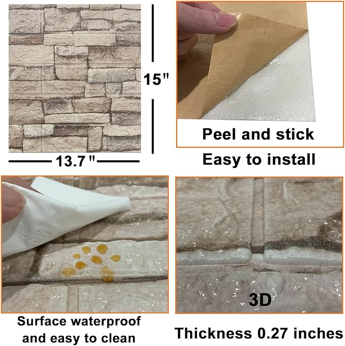 Yutianli 10PSC 3D Wall Panels Peel and Stick Faux Brick Wall Panels Self-Adhesive 3D Brick Wallpaper Foam Stone Wall Panel