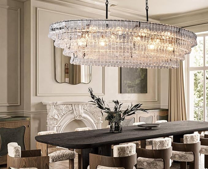 65 Inch Large Rectangular Black Chandelier for Dining Room, Clear Glass Drum Modern Pendant Light Fixture, Extra Long Kitchen Island Lighting