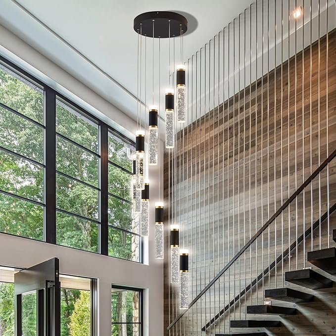 9-Lights Led Chandelier, Black and Gold Crystal Modern Led Chandelier for Dining Room, Luxury Dimmable Enterway Led Pendant Lights Fixture with Remote Control Flush Mount