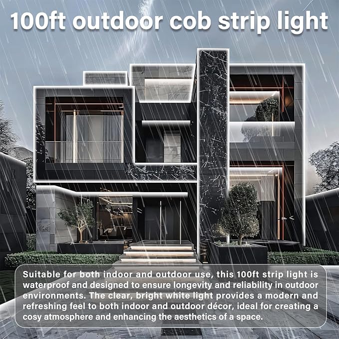100ft COB Outdoor LED Strip Lights Waterproof,Dimmable 6500K Bright White,IP68 Outside Led Light Strips Waterproof with App Remote Control,Music Sync Exterior Led Rope Lights
